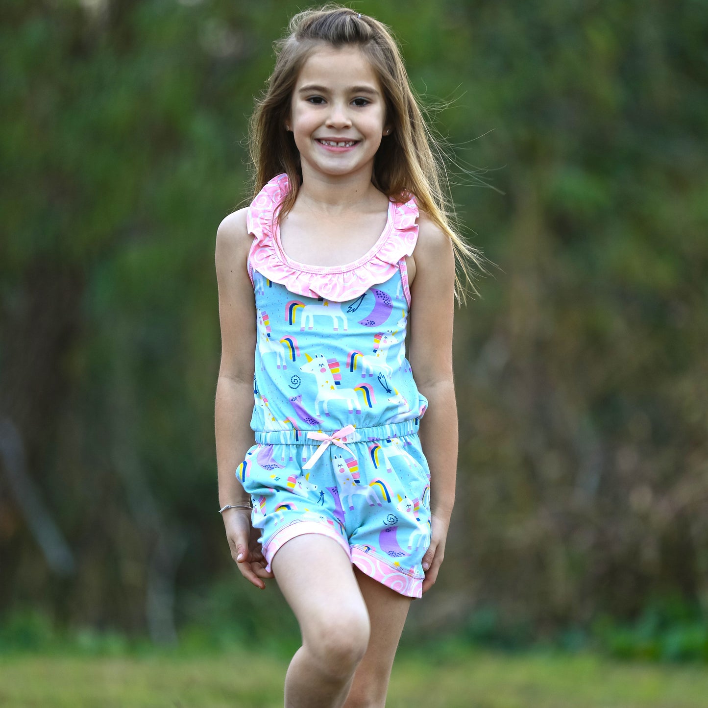 AnnLoren Little & Big Girls Jumpsuit Magical Unicorn Rainbows Spring Romper-2