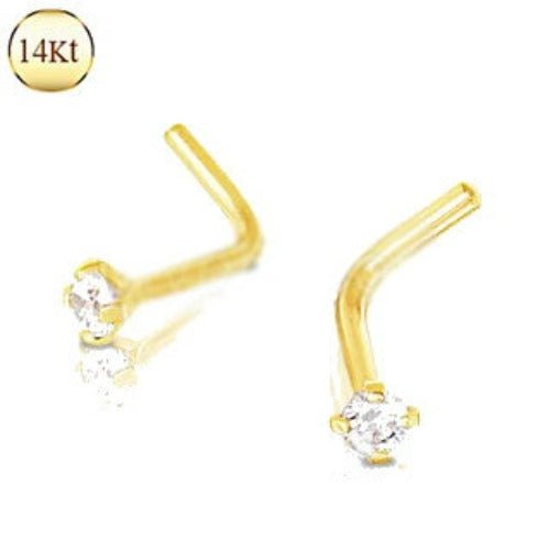 14Kt Yellow Gold Prong Set Clear CZ L Bend Nose Ring-0