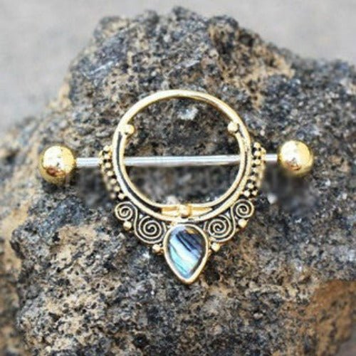 Gold Plated Ornate Nipple Shield with Tear Drop Abalone-0