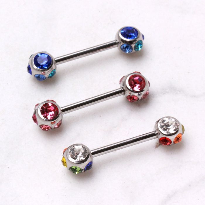 316L Surgical Steel Nipple Bar with Multi-Gemmed Balls-0