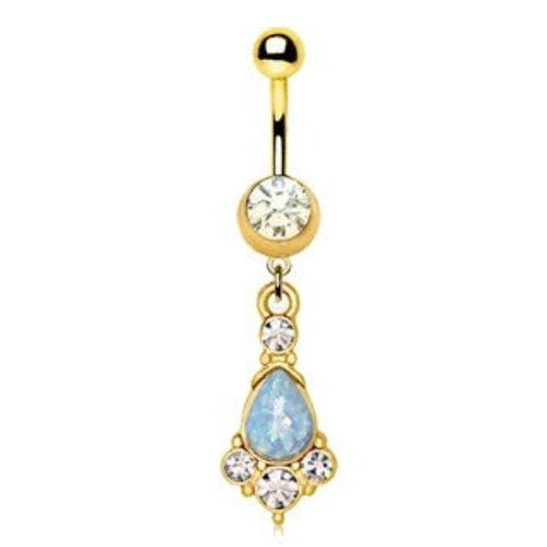 Gold Light Blue Tear Drop Synthetic Opal Dangle Navel Ring-1