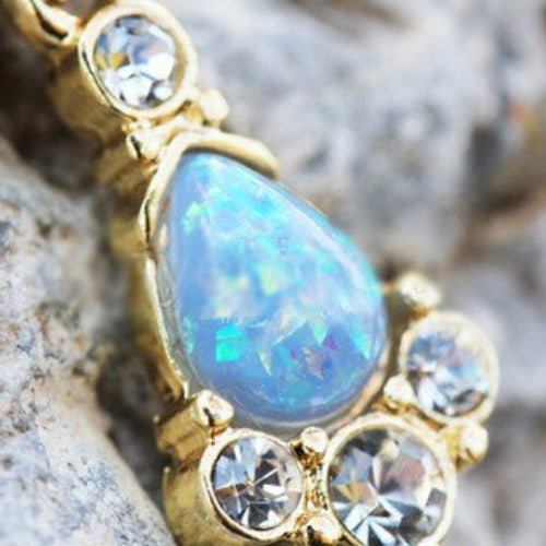 Gold Light Blue Tear Drop Synthetic Opal Dangle Navel Ring-2