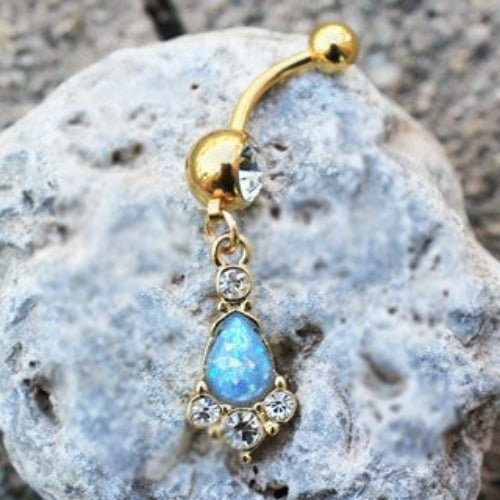 Gold Light Blue Tear Drop Synthetic Opal Dangle Navel Ring-0